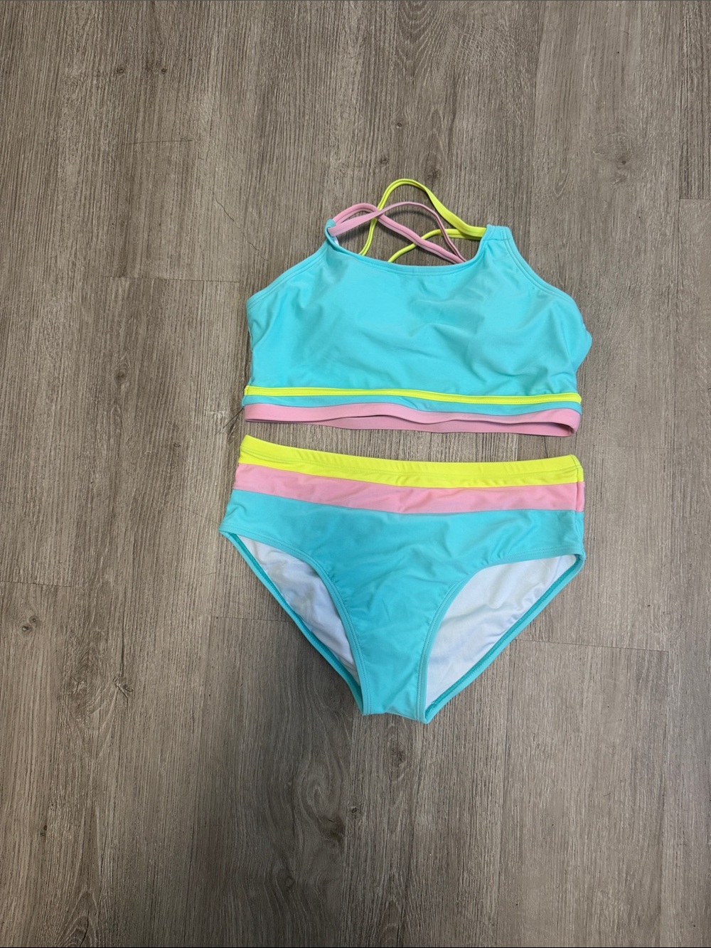 Girls' Aqua Two-Piece Swim Set with Pink and Yellow Accents